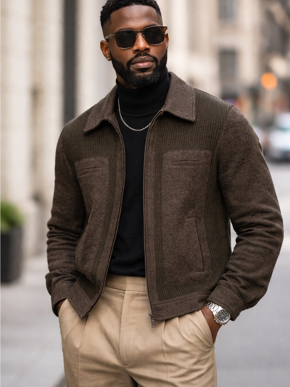 Draper James Dark Brown Knit Zip Jacket with Collar